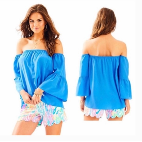 Lilly Pulitzer Sanilla Silk Off the Shoulder Blouse -Blue- Size XS - Picture 1 of 5